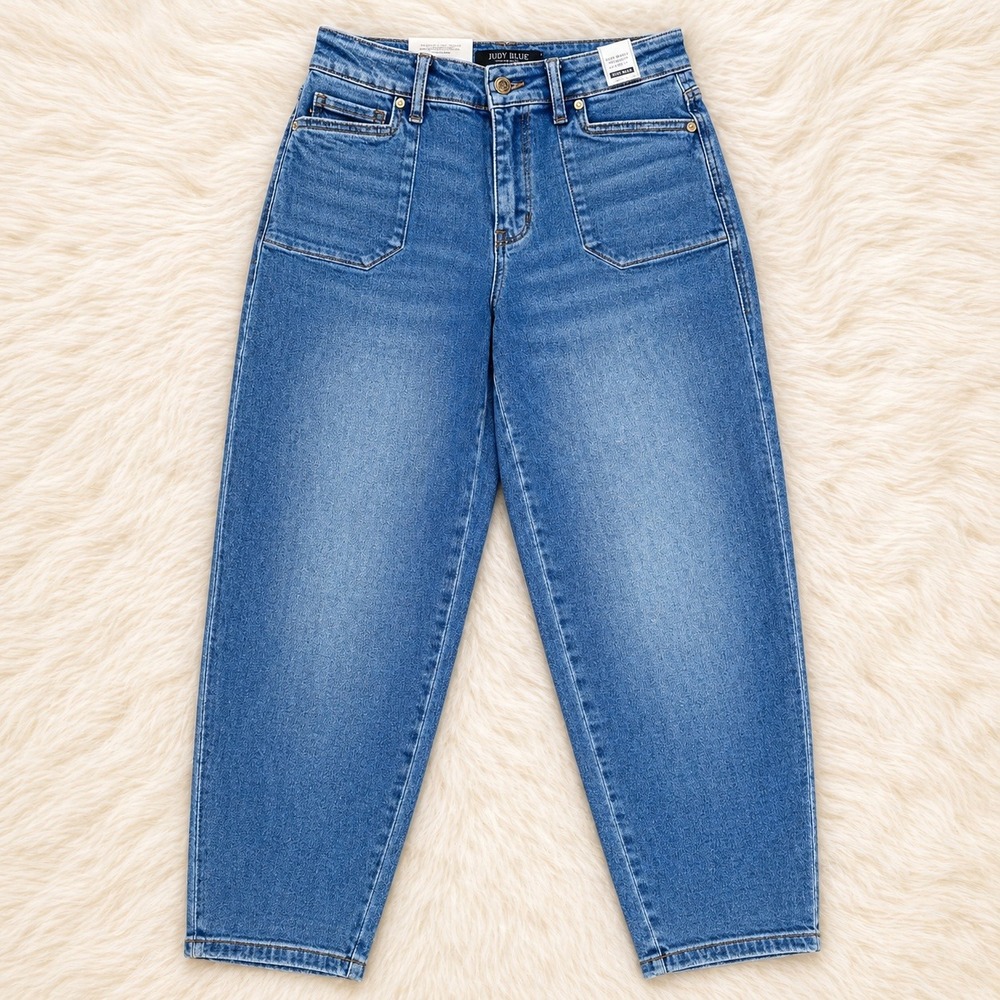 Judy Blue Barrel Jeans 31 / 12 High Waist Blue Denim Crop Horseshoe 90's Boho - Picture 2 of 6